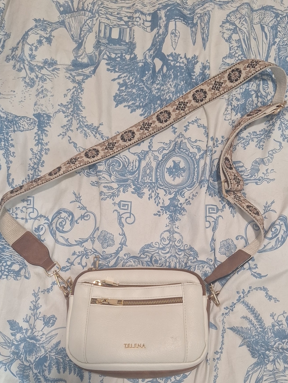TELENA Cream Crossbody Bag with Patterned Strap